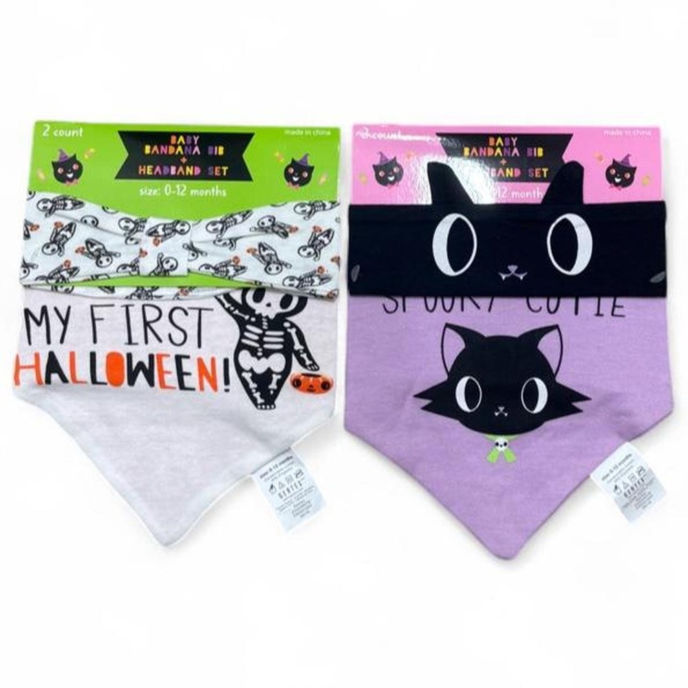 Halloween Baby Bandana Bib Headband 2 Set 0-12M black cat & MY FIRST HALLOWEEN